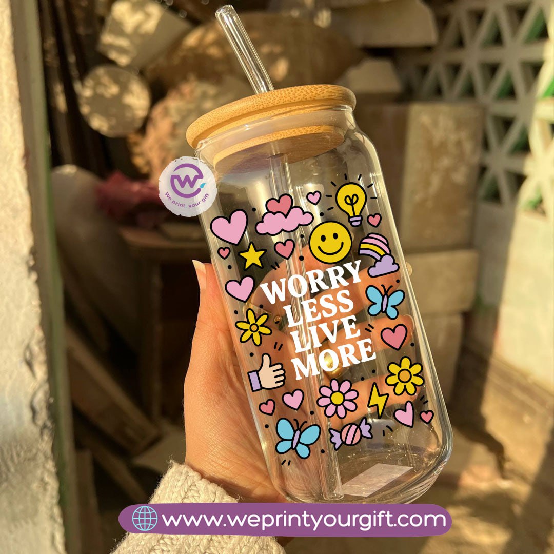 Round Glass Mug with Bamboo Lid & Glass Straw | Motivational Doodle Designs – 400 ml