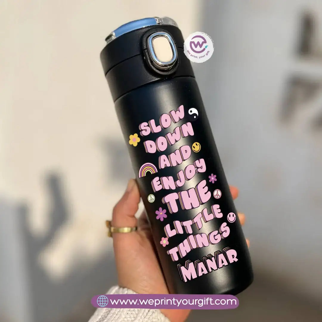 Stainless Steel Thermal Mug with Digital Temperature Display – 420ml Motivational Doodle Art (English Quotes) - WE PRINT