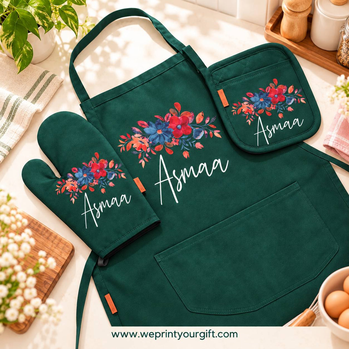 Floral Motivational Quote 3-Piece Kitchen Set (Apron, Oven Mitt & Pot Holder) + Optional Chef Hat, Personalized with Your Name