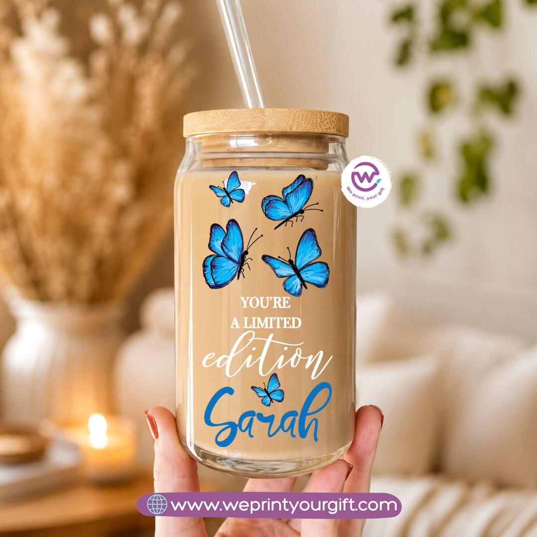 Butterfly Designs Glass Cup with Bamboo Lid & Reusable Glass Straw