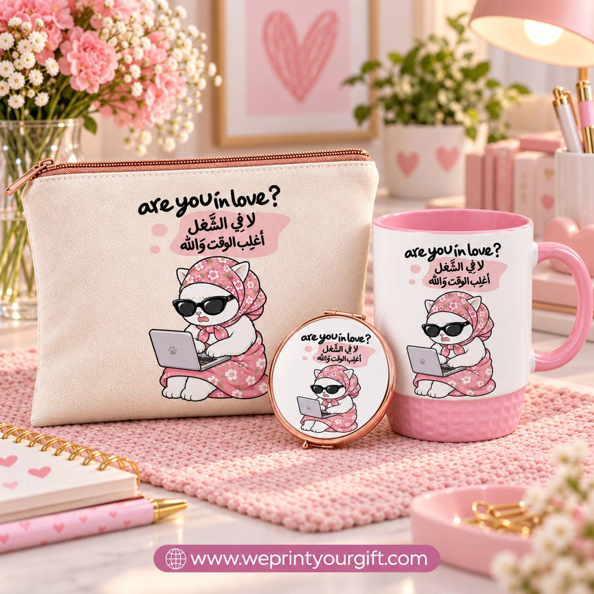 Funny Office Cat Gift Set – Pouch, Compact Mirror & Pink Mug | Work Comic