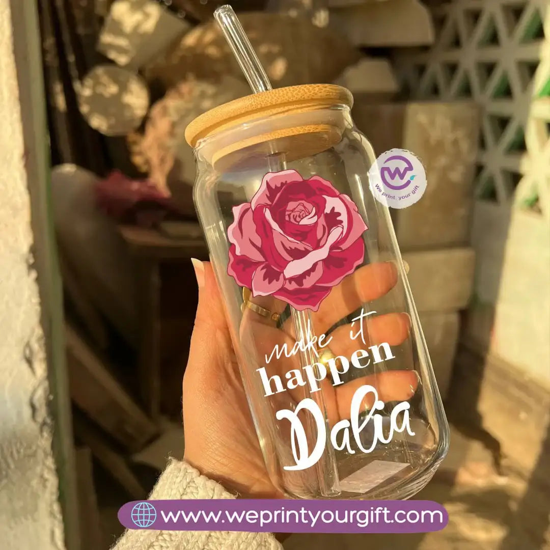 Round Glass Mug with Bamboo Lid & Glass Straw | Floral Motivational Design - WE PRINT