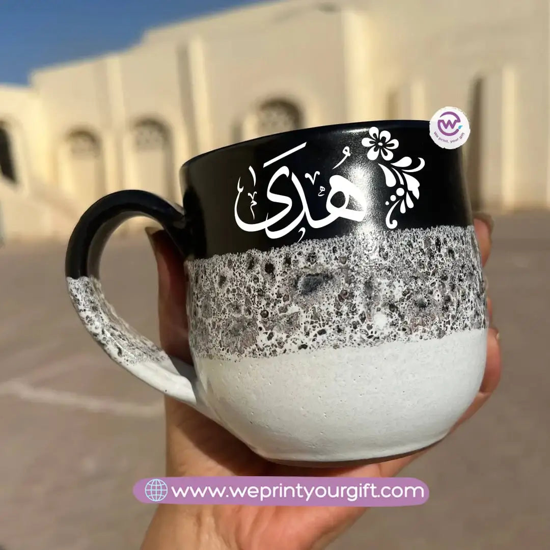 Black & White Handmade Pottery Mug – 350 ml | Arabic Name Line Art Design - WE PRINT