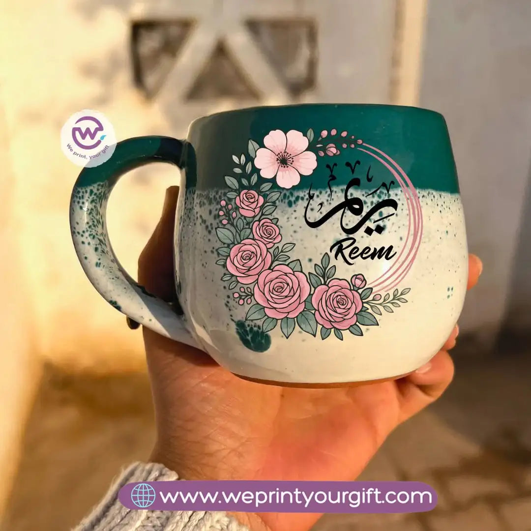 Green & White Handmade Pottery Mug with Floral Name Design - WE PRINT