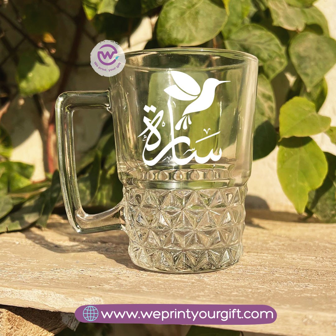 Personalized Clear Crystal Pattern Glass Mug with Arabic Name Typography – 250 ml
