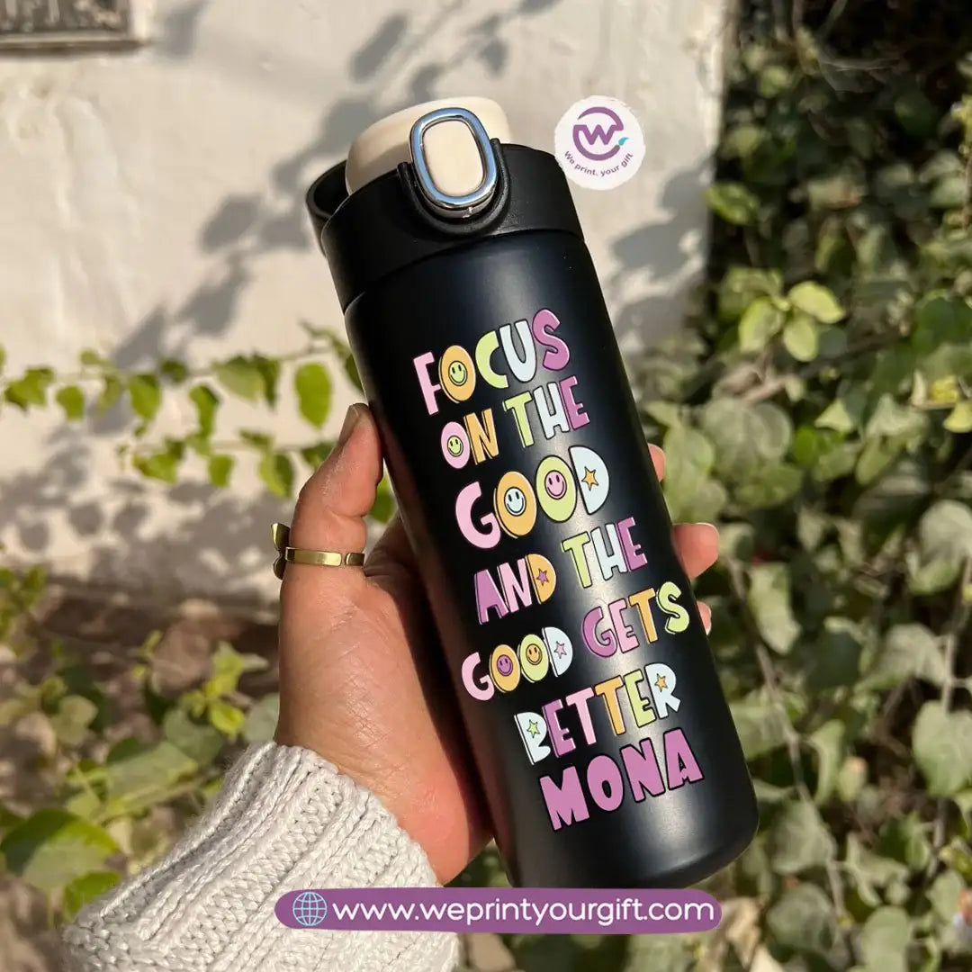 Stainless Steel Thermal Mug with Digital Temperature Display – 420ml Motivational Doodle Art (English Quotes) - WE PRINT