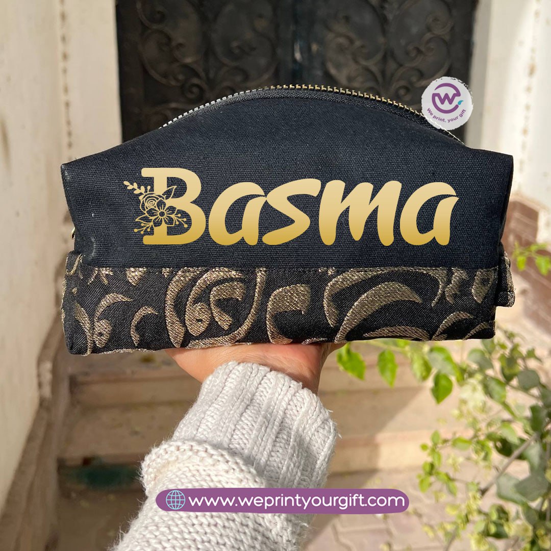 Islamic Pattern Golden Name Boxy Pouch – Personalized Cotton Makeup & Pencil Case
