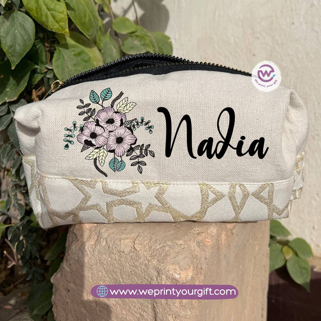 Islamic Pattern Floral Name Boxy Pouch – Personalized Cotton Makeup & Pencil Case