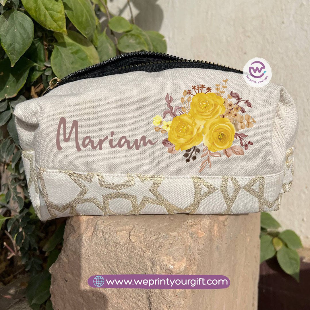 Islamic Pattern Floral Name Boxy Pouch – Personalized Cotton Makeup & Pencil Case