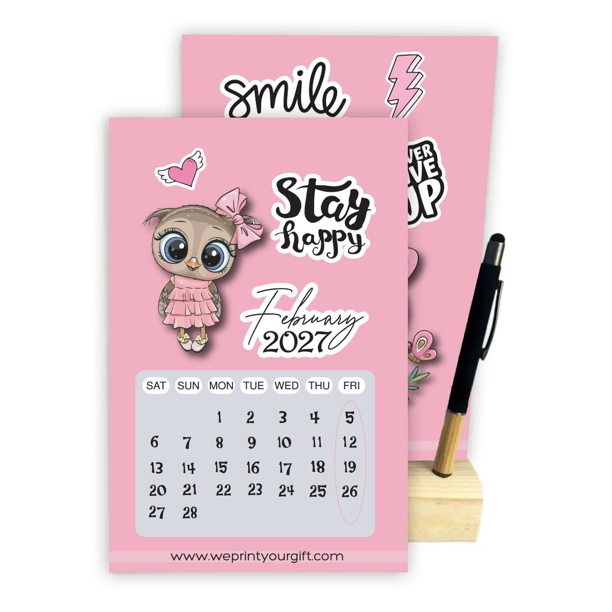 Cute Owl 2027 Desk Calendar with Wooden Stand & Bamboo Stylus Pen – Pink Motivational Collection