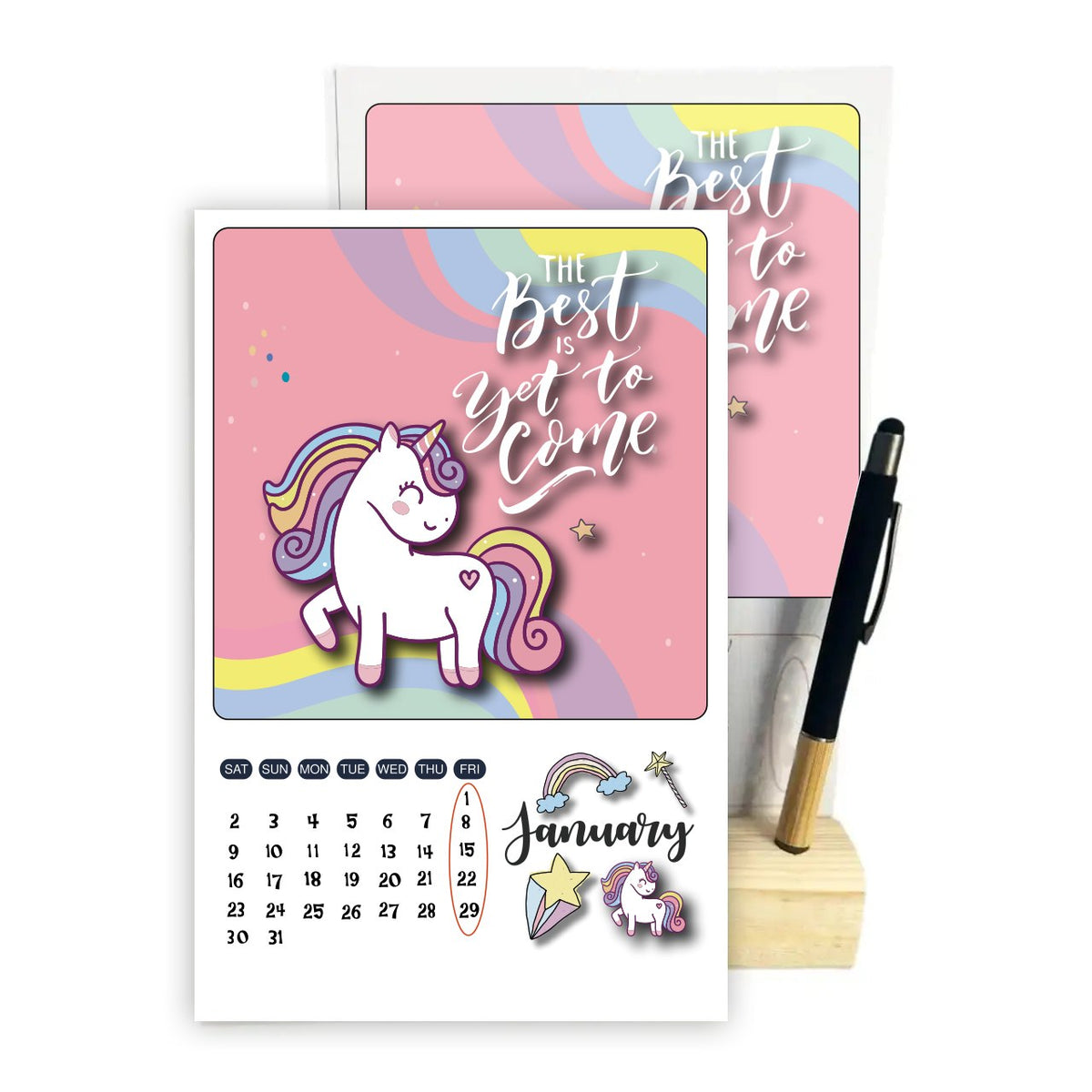Magical Unicorn 2027 Desk Calendar with Wooden Stand & Bamboo Stylus Pen – Pastel Rainbow Collection
