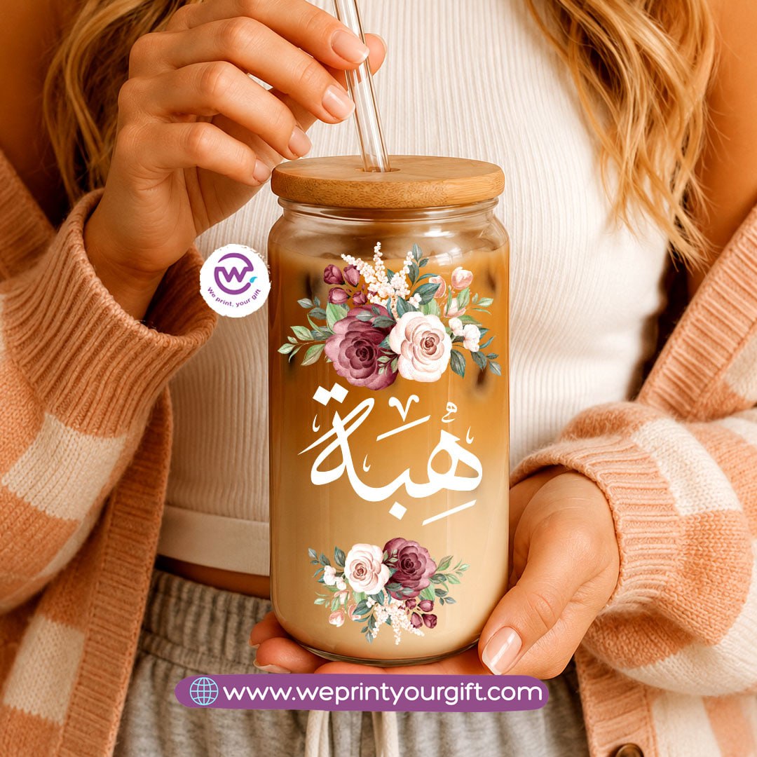 Floral Name Designs Glass Cup with Bamboo Lid & Reusable Glass Straw