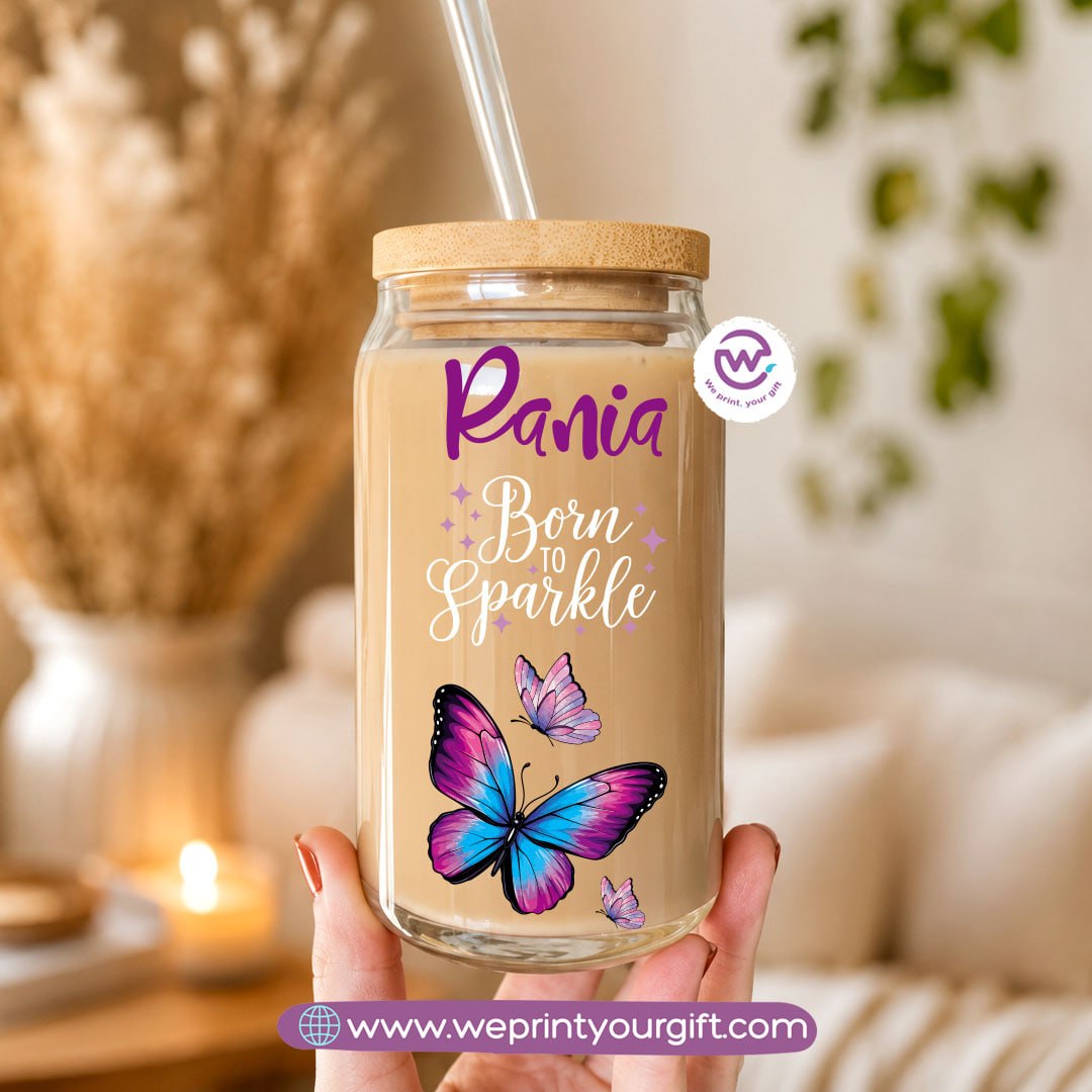 Butterfly Designs Glass Cup with Bamboo Lid & Reusable Glass Straw