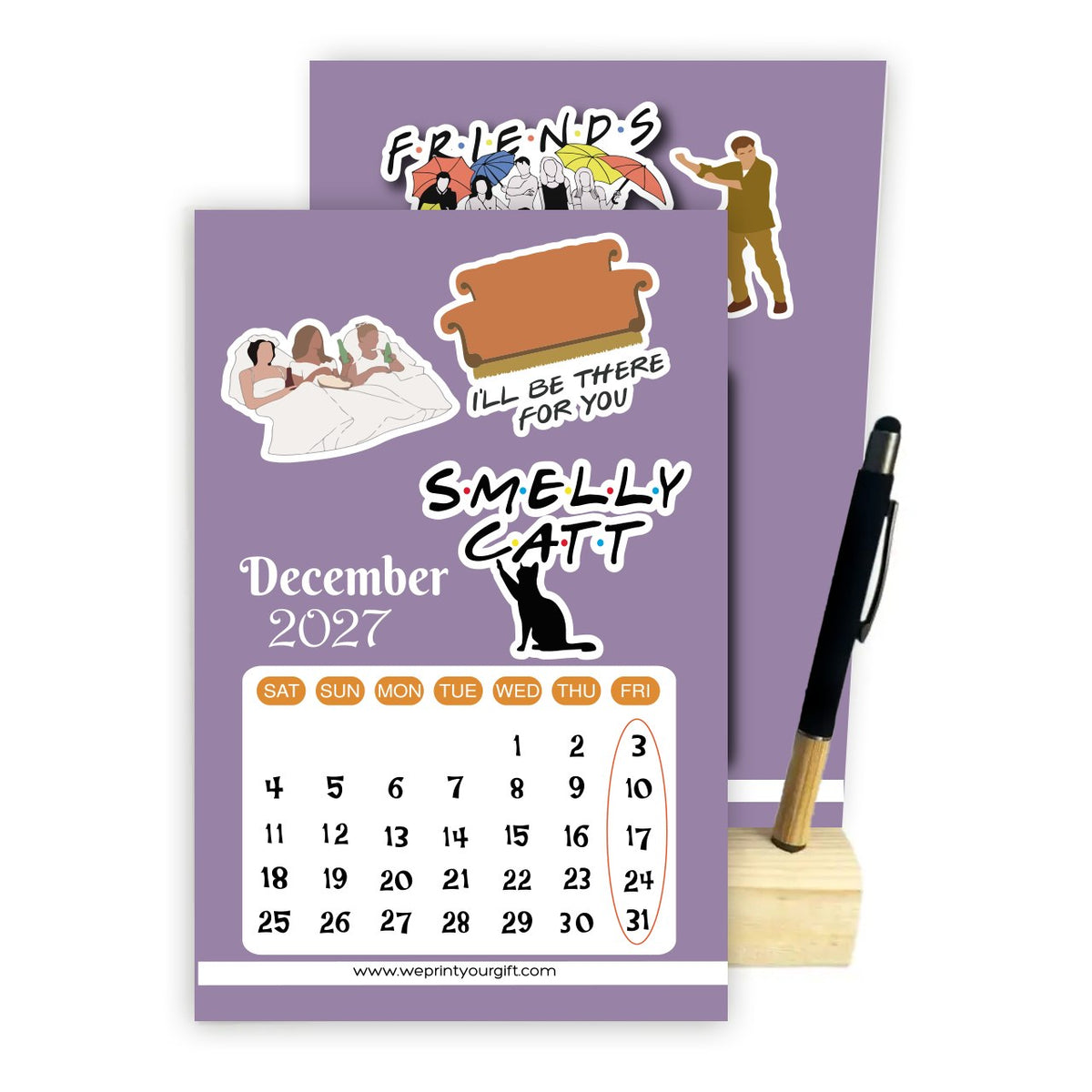 Friends Inspired 2027 Desk Calendar with Wooden Stand & Bamboo Touch Pen – A5 Monthly Calendar