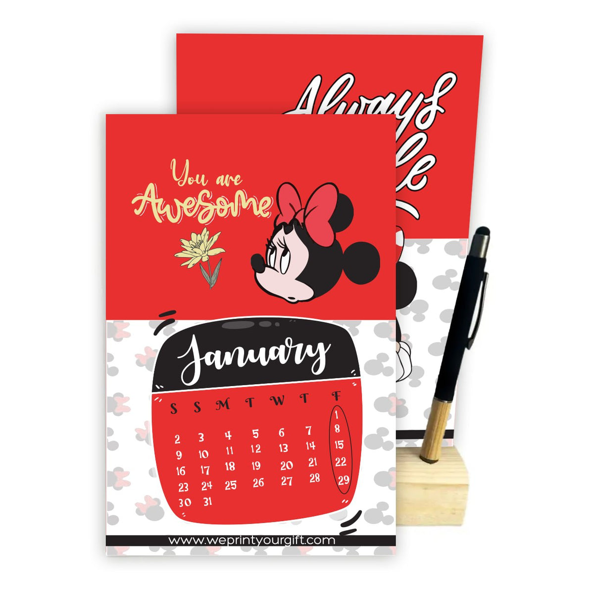 MINNIE MOUSE 2027 Desk Calendar – Cute Monthly Designs with Wooden Stand & Bamboo Touch Pen