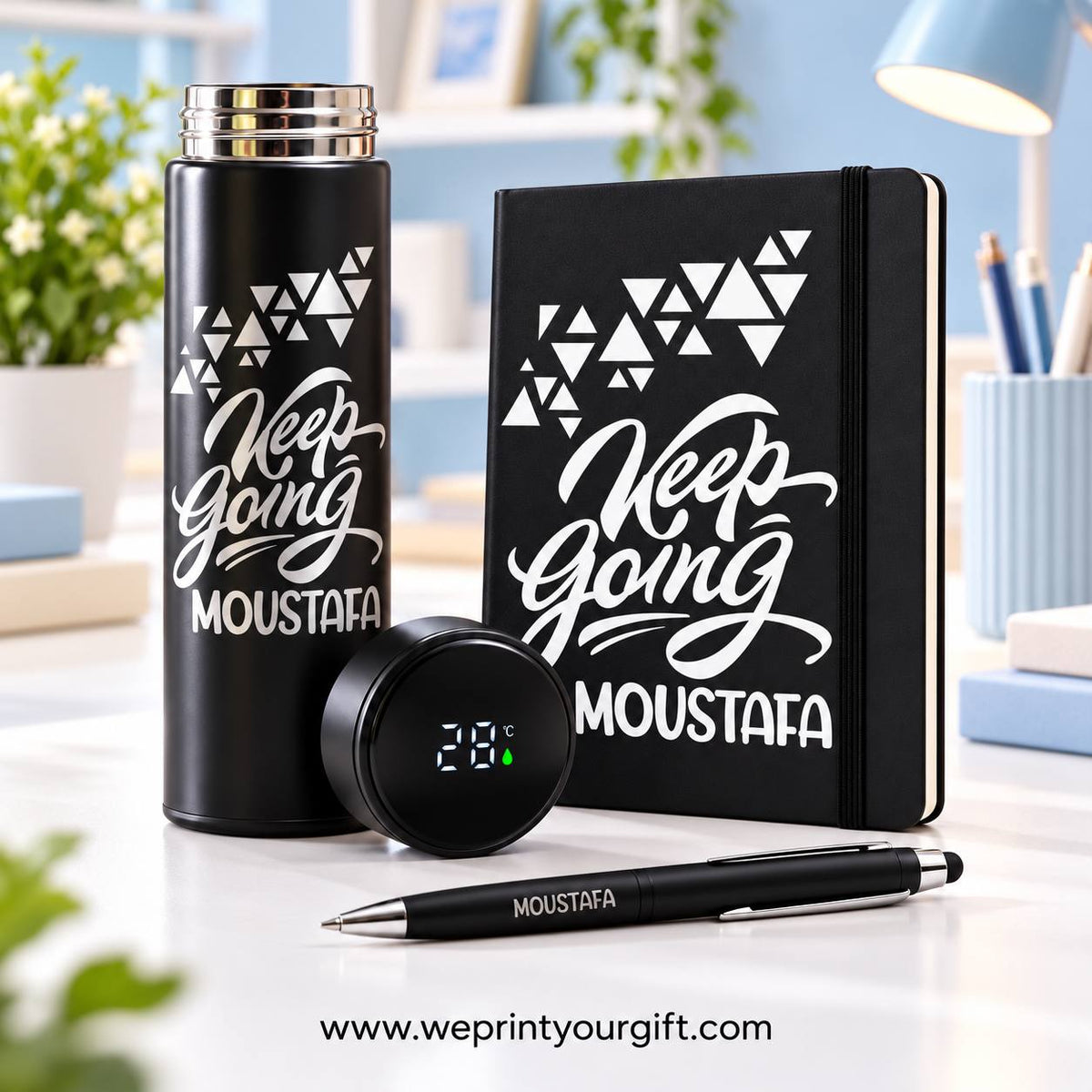 Personalized Office Gift Set – Digital Thermos, Notebook & Pen | Name & Quote