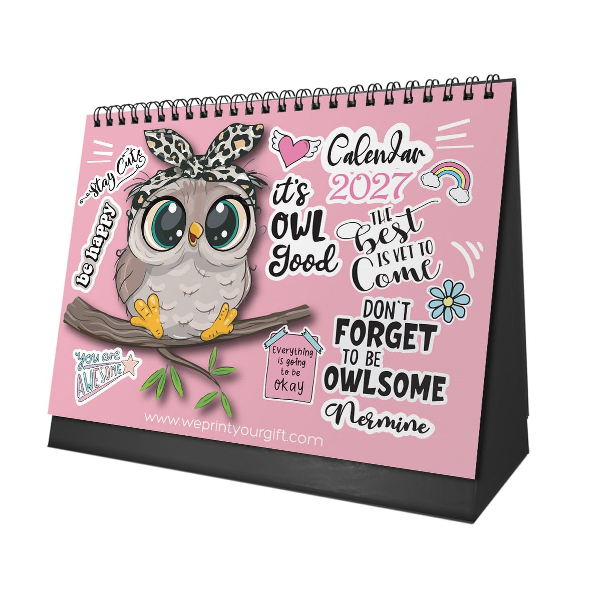 Cute Owl 2027 Desk Calendar – Pink Charm & Uplifting Words