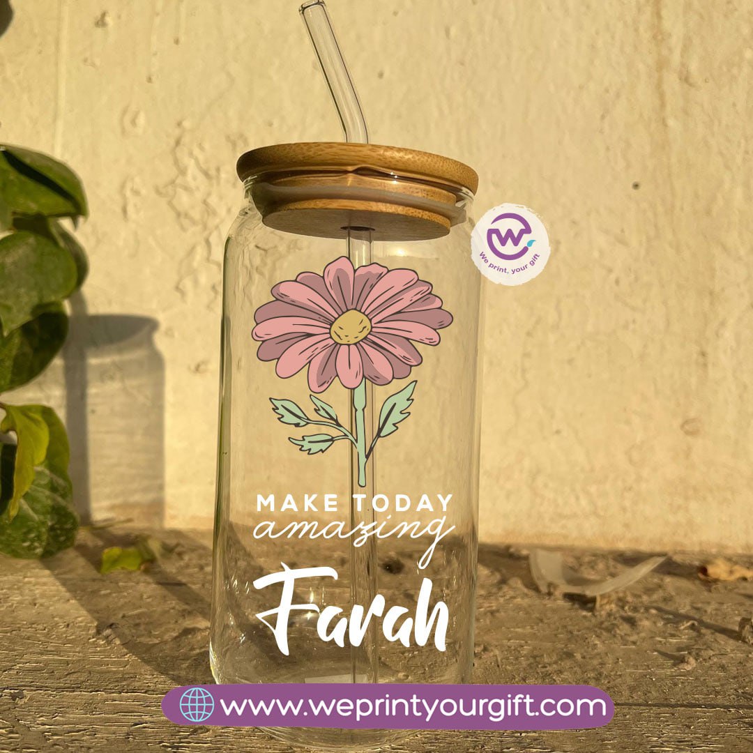 Round Glass Mug with Bamboo Lid & Glass Straw | Floral Motivational Design