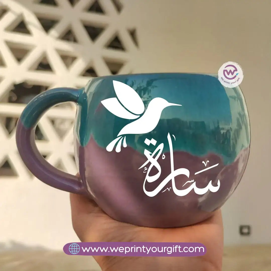 Turquoise & Purple Handmade Pottery Mug – 350 ml | Personalized Arabic Names - WE PRINT
