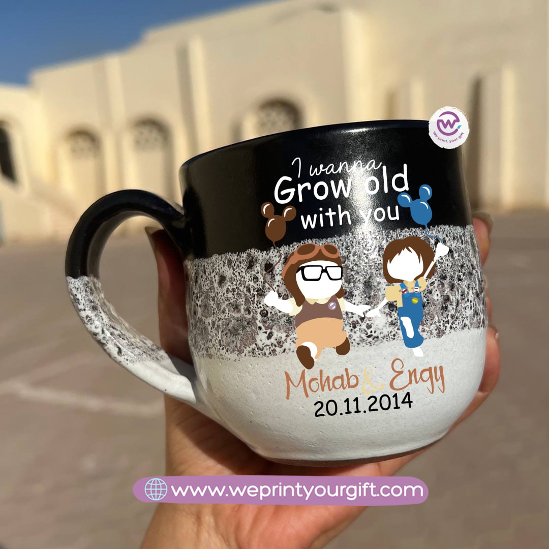 Black & White Handmade Pottery Mug – 350 ml | Valentine Up Cartoon Theme