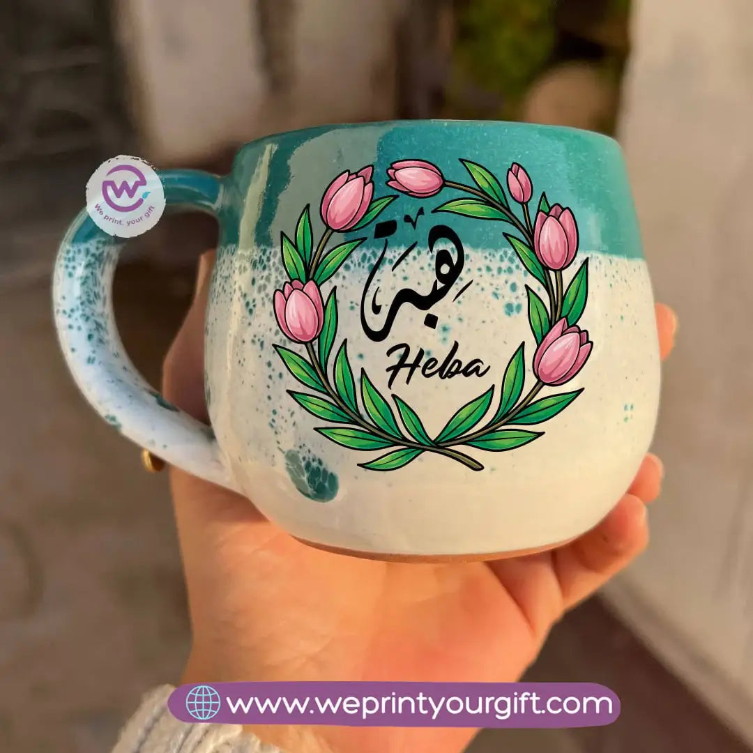 Green & White Handmade Pottery Mug with Floral Name Design - WE PRINT
