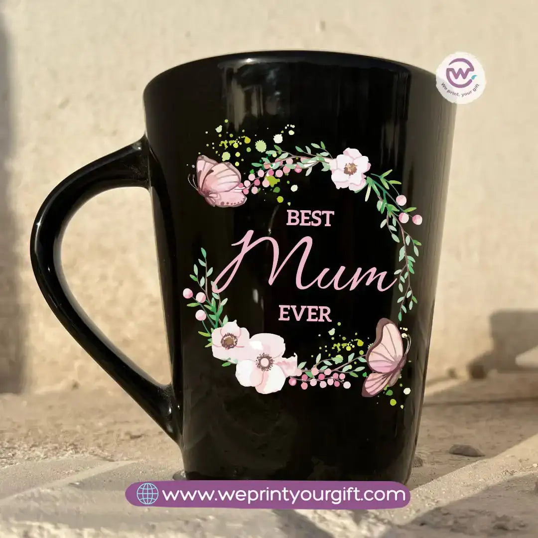 Mom Love Edition Black Conical Porcelain Mug – 350 ml | Artistic Mother-Inspired Designs | UV Raised Sticker Printing - WE PRINT