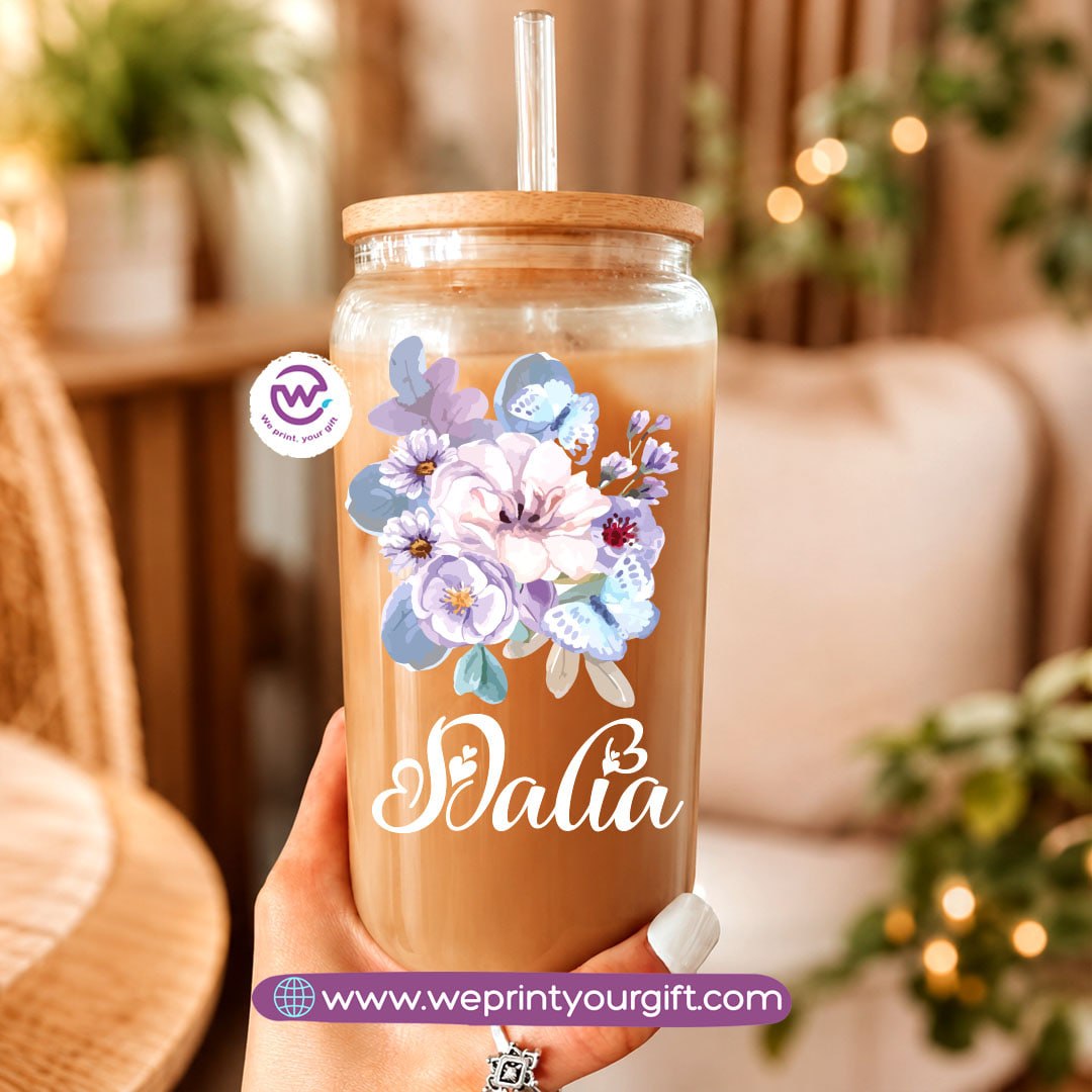 Floral Name Designs Glass Cup with Bamboo Lid & Reusable Glass Straw
