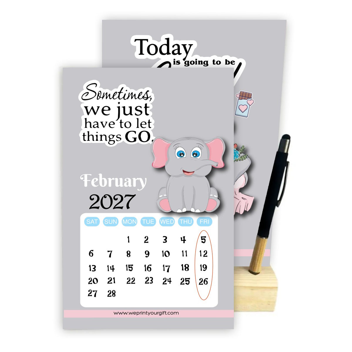 Cute Elephant 2027 Desk Calendar with Wooden Stand & Bamboo Stylus Pen – Inspirational Collection