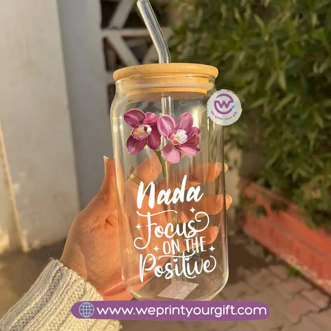 Round Glass Mug with Bamboo Lid & Glass Straw | Floral Motivational Design - WE PRINT