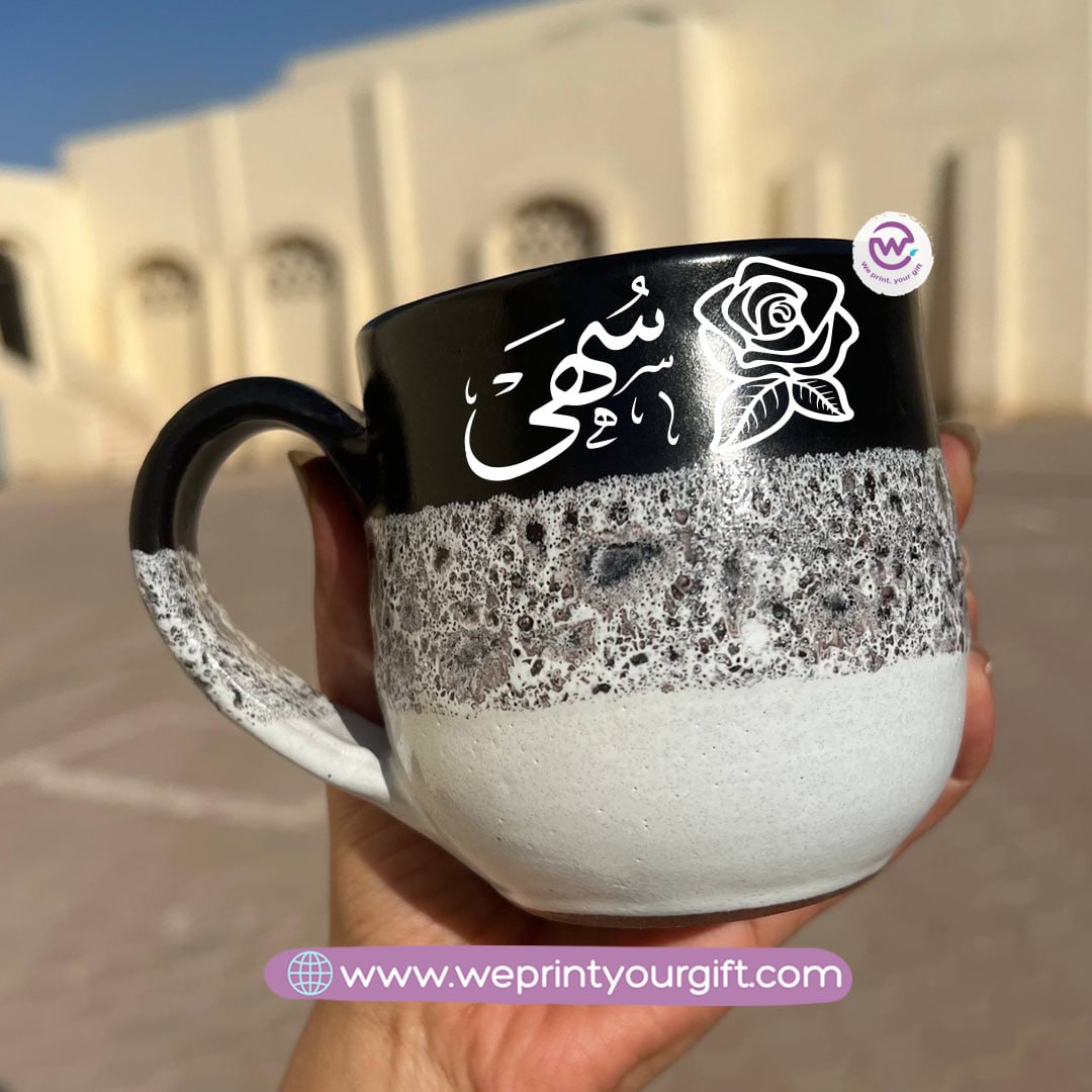 Black & White Handmade Pottery Mug – 350 ml | Arabic Name Line Art Design