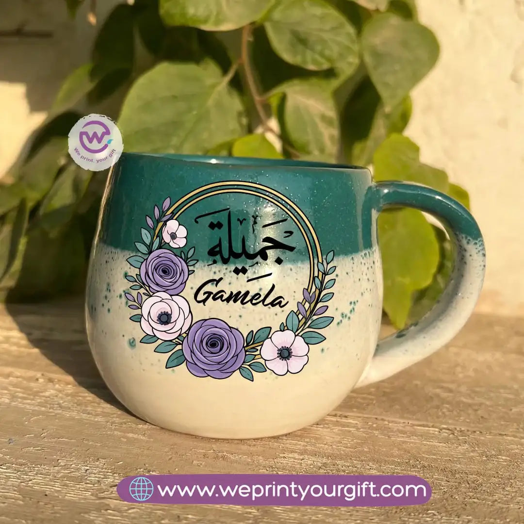 Green & White Handmade Pottery Mug with Floral Name Design - WE PRINT