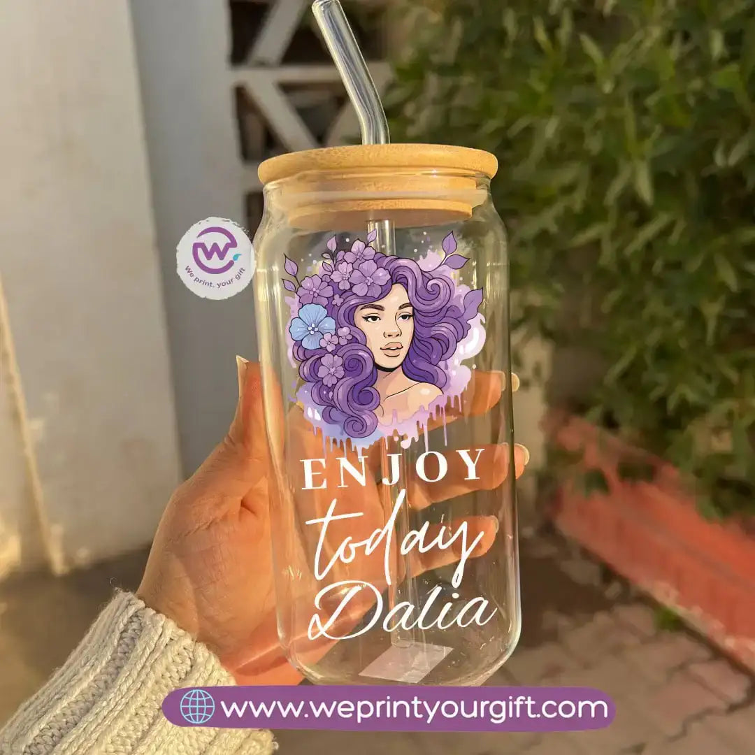 Round Glass Mug with Bamboo Lid & Glass Straw | Digital Art Design – 400 ml - WE PRINT