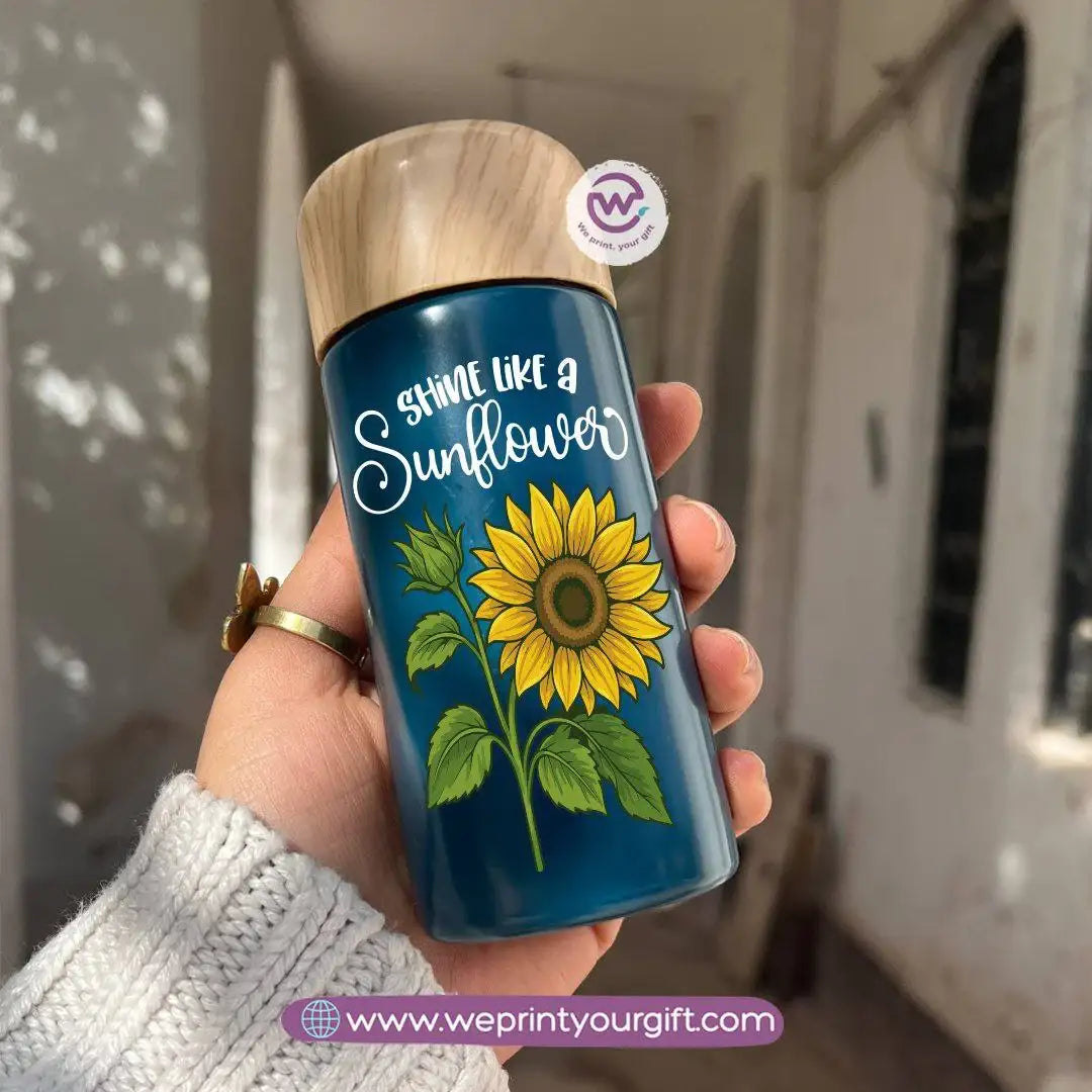 Mini Thermal Coffee Mug โ (150ml & 250ml) | Wooden Lid - Sunflower Digital Art Theme