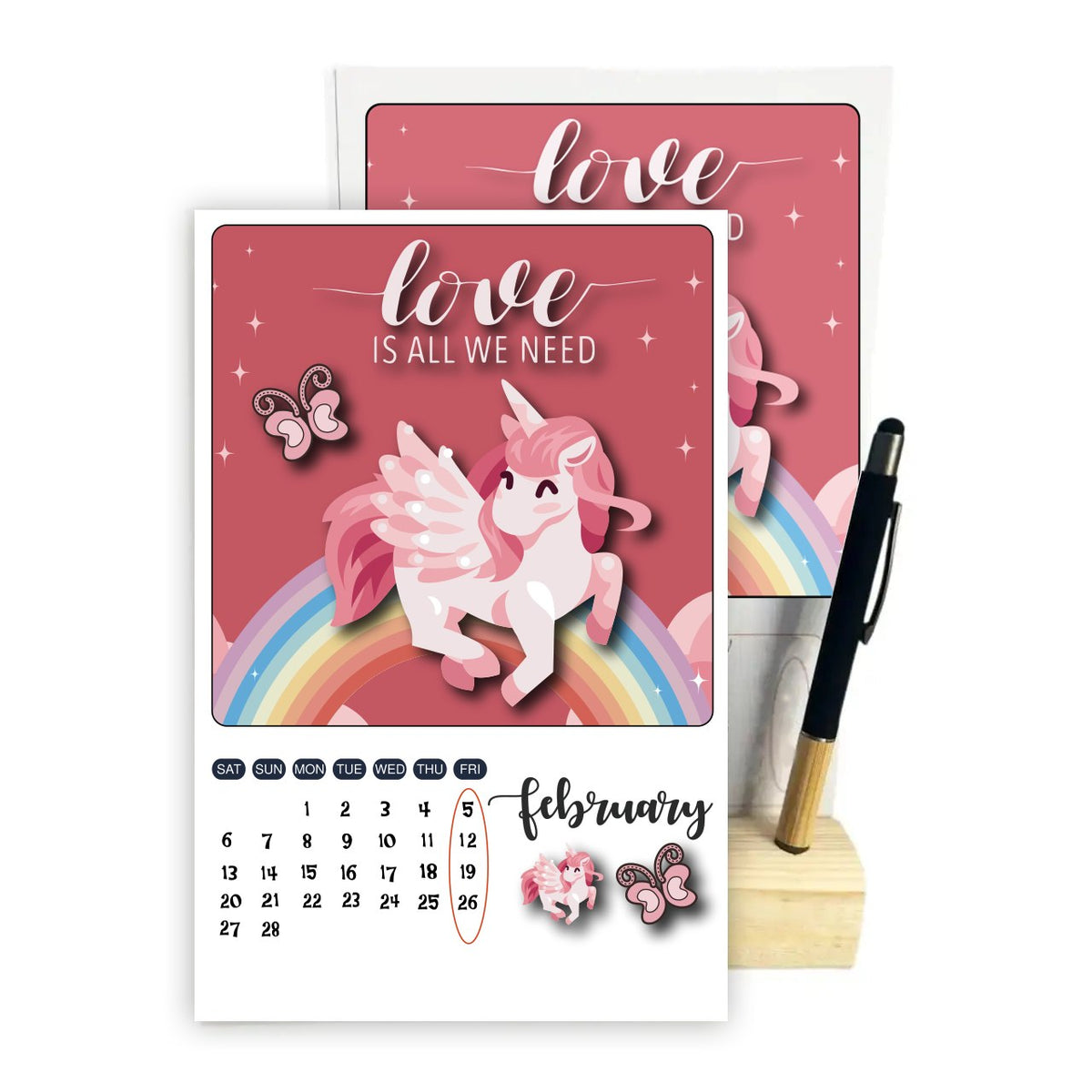Magical Unicorn 2027 Desk Calendar with Wooden Stand & Bamboo Stylus Pen – Pastel Rainbow Collection