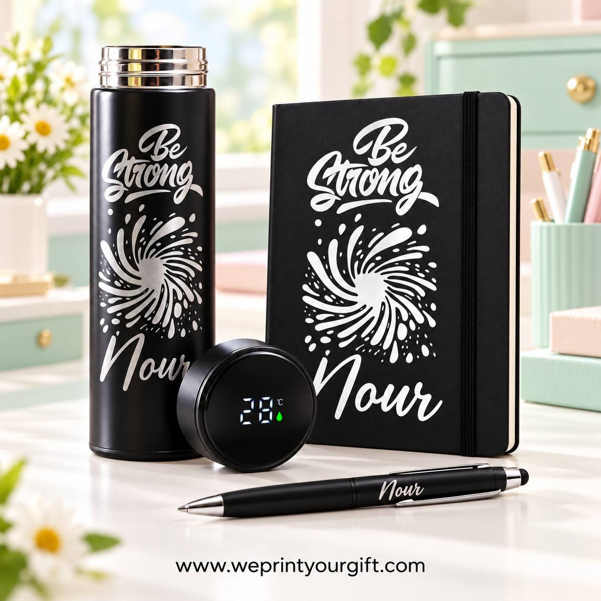 Personalized Office Gift Set – Digital Thermos, Notebook & Pen | Name & Quote
