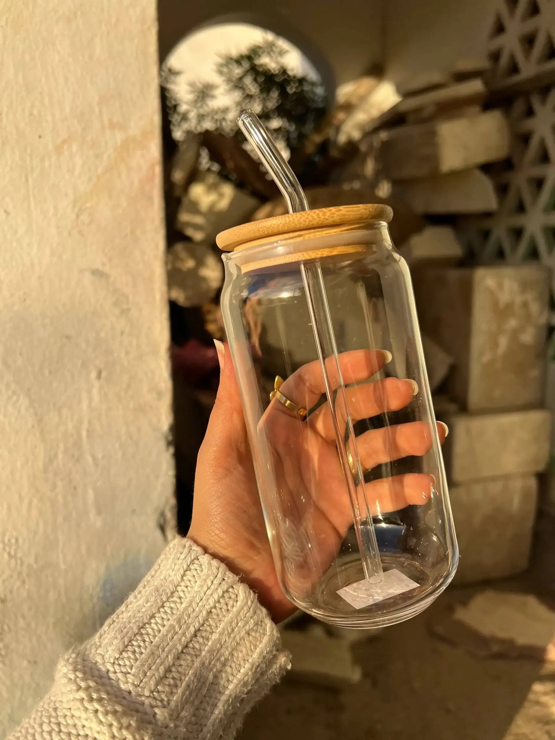 Round Glass Mug with Bamboo Lid & Glass Straw - Customization options - WE PRINT