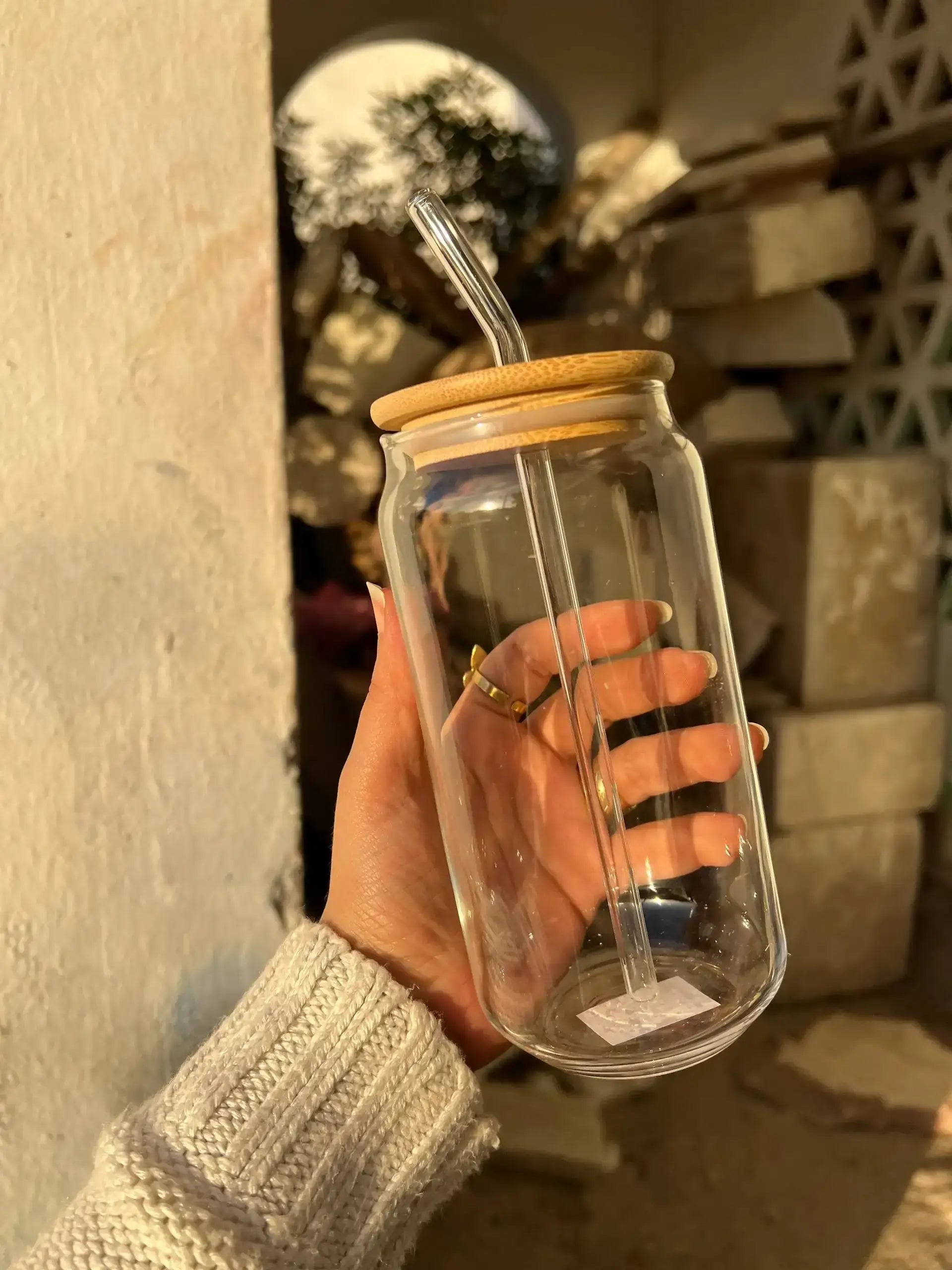 Round Glass Mug with Bamboo Lid & Glass Straw - Customization options - WE PRINT
