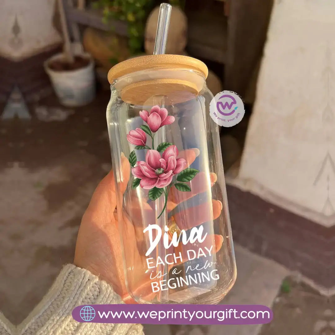 Round Glass Mug with Bamboo Lid & Glass Straw | Floral Motivational Design - WE PRINT