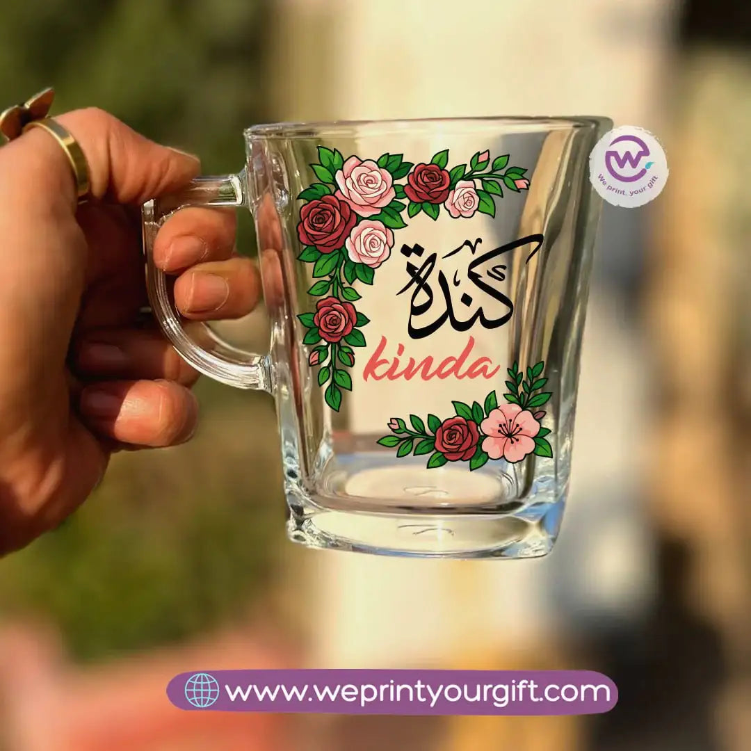 Personalized Floral Name Glass Tea Cup – 300 ml - WE PRINT