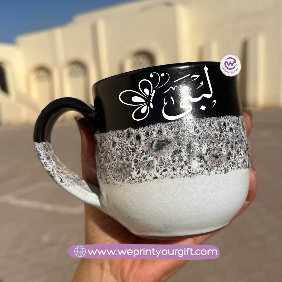 Black & White Handmade Pottery Mug – 350 ml | Arabic Name Line Art Design