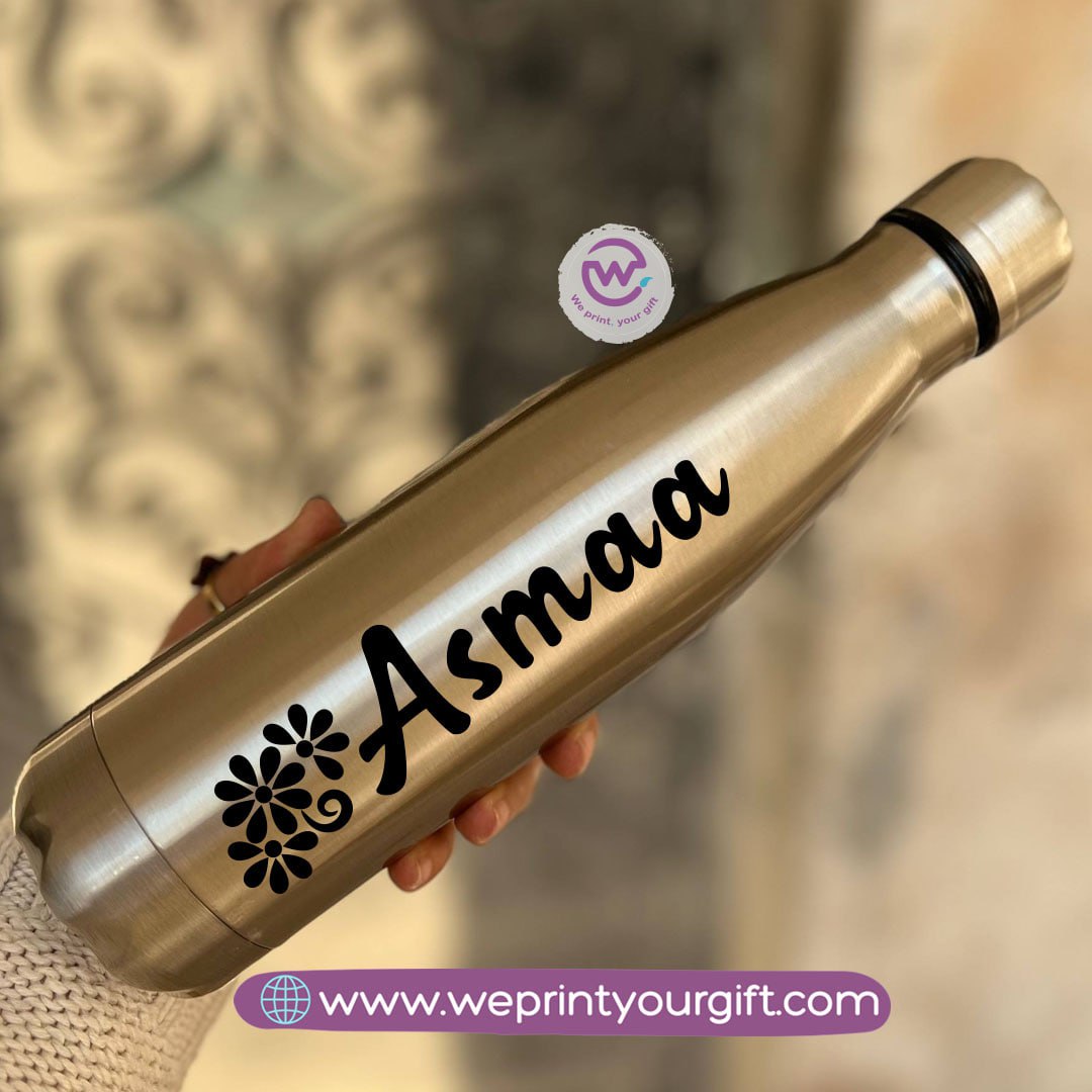 Personalized Silver Thermal Bottle with Arabic Name Typography – 500 ml