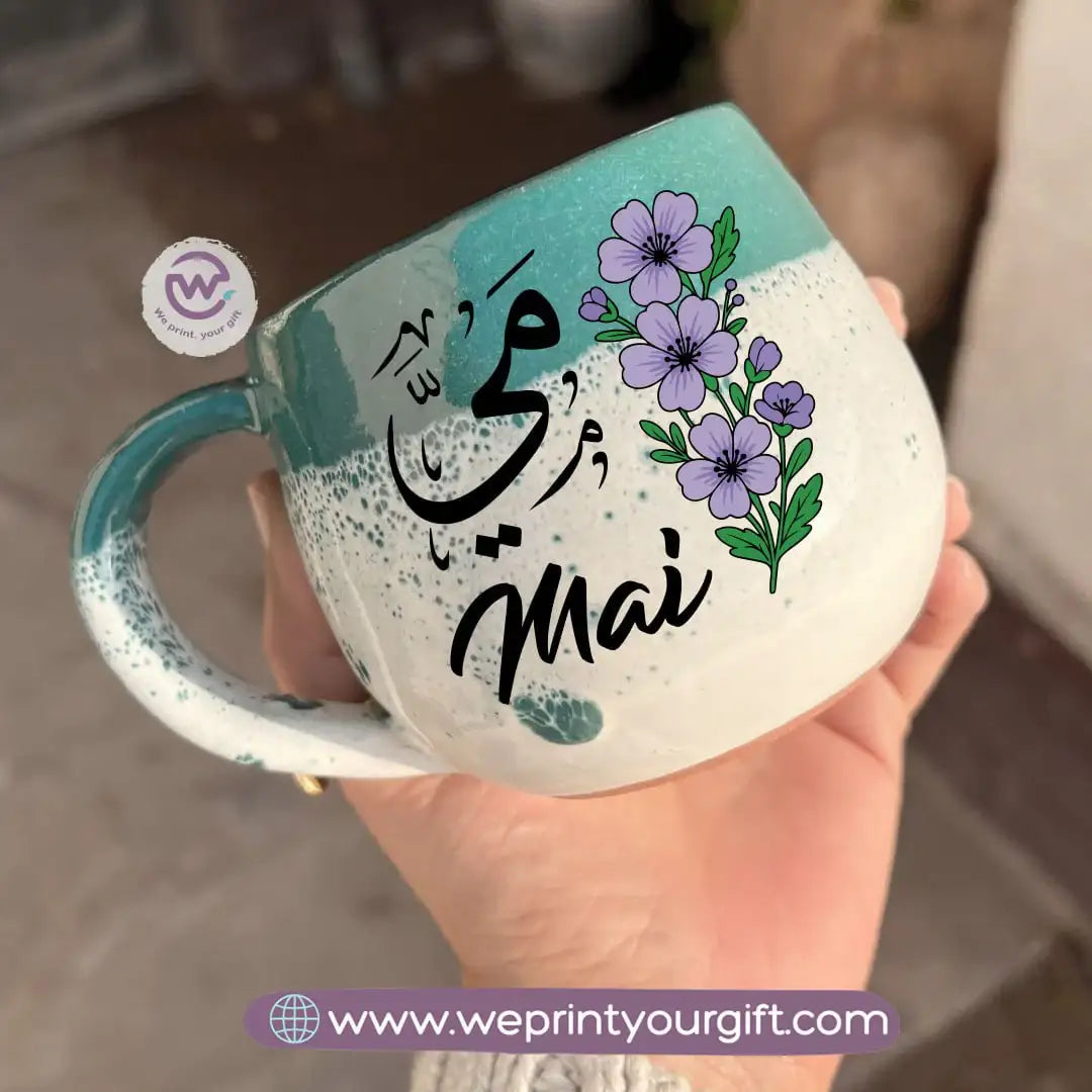 Green & White Handmade Pottery Mug with Floral Name Design - WE PRINT