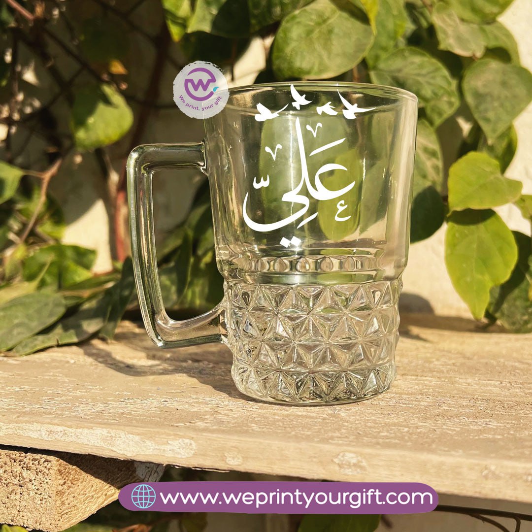 Personalized Clear Crystal Pattern Glass Mug with Arabic Name Typography – 250 ml