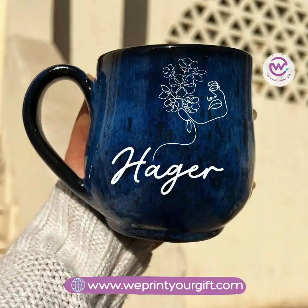 Dark Blue Handmade Pottery Mug – 350 ml | Personalized Name & Line Art Designs - WE PRINT