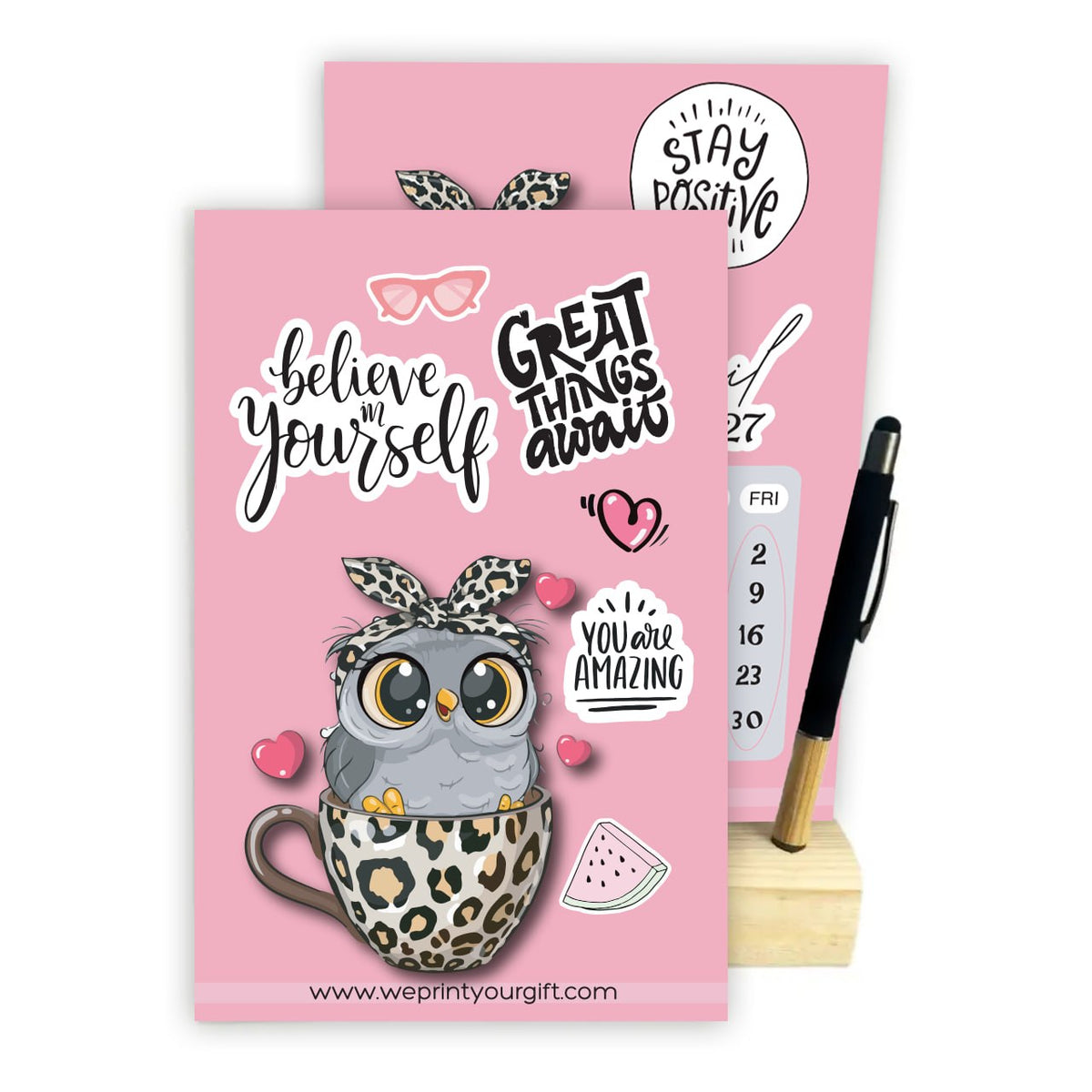 Cute Owl 2027 Desk Calendar with Wooden Stand & Bamboo Stylus Pen – Pink Motivational Collection