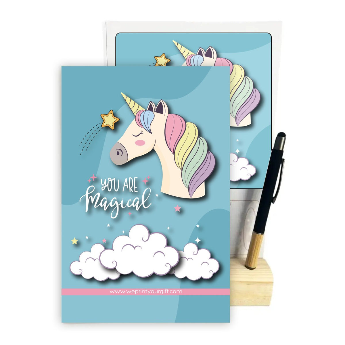 Magical Unicorn 2027 Desk Calendar with Wooden Stand & Bamboo Stylus Pen – Pastel Rainbow Collection