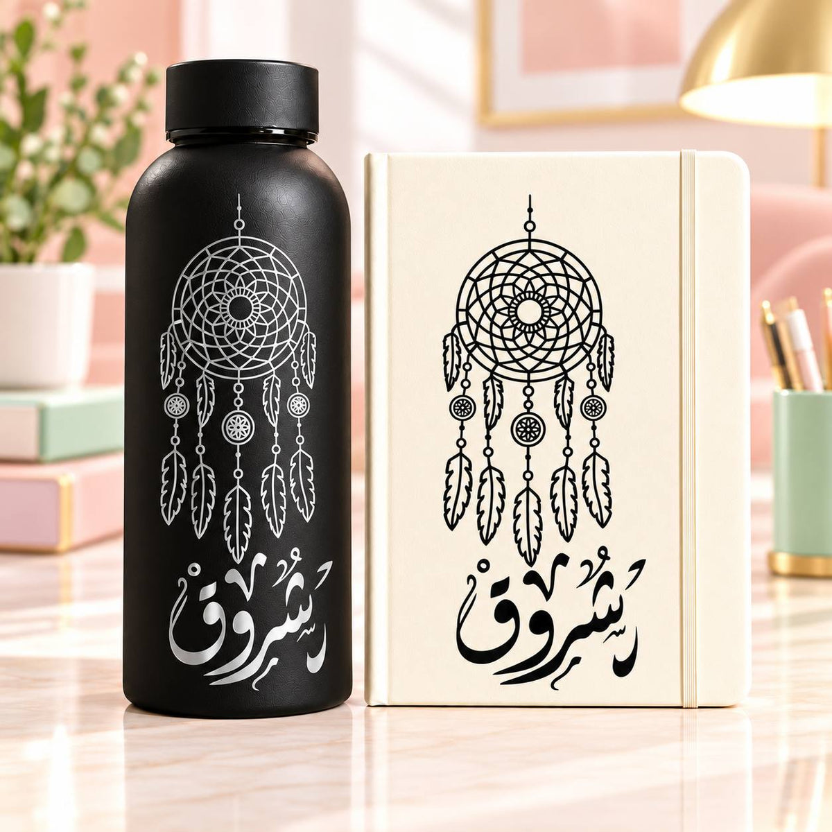 طقم هدايا باسم مخصص - قارورة مياه حرارية ودفتر بغلاف مطاطي مع اسم مخصص وتصاميم زهور أنيقة