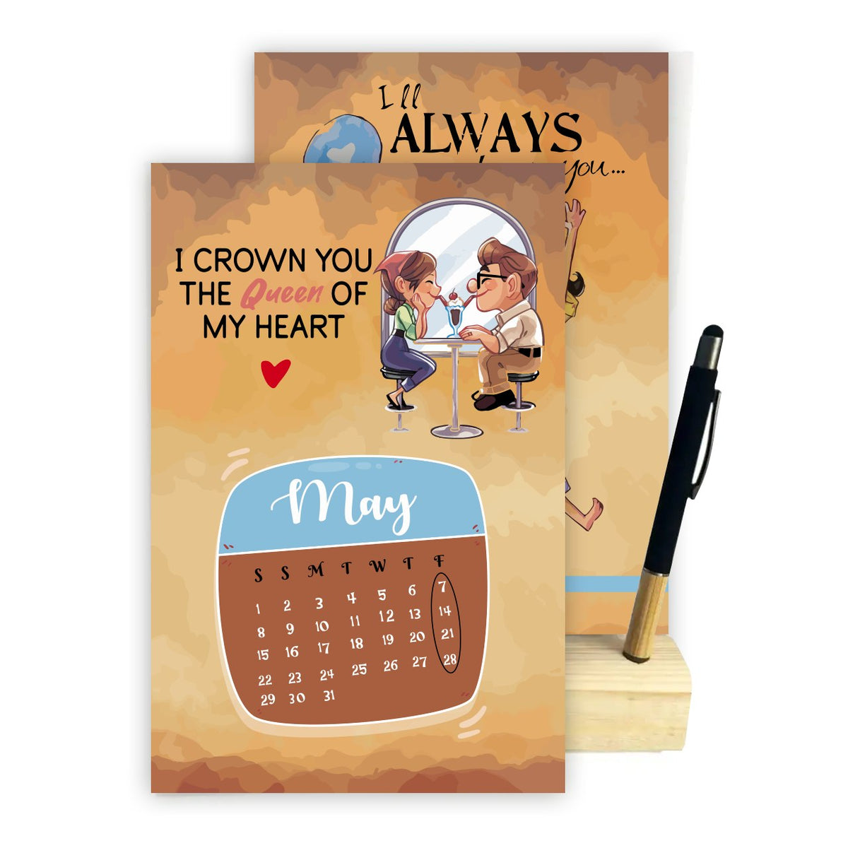 2027 Desk Calendar – Love & Balloon Adventure | Romantic Cartoon Design with Wooden Stand & Bamboo Touch Pen