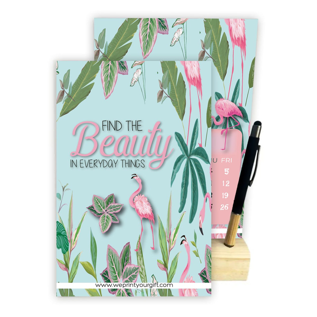 2027 Tropical Flamingo Desk Calendar – A5 Monthly Motivational Calendar with Wooden Stand & Bamboo Touch Pen