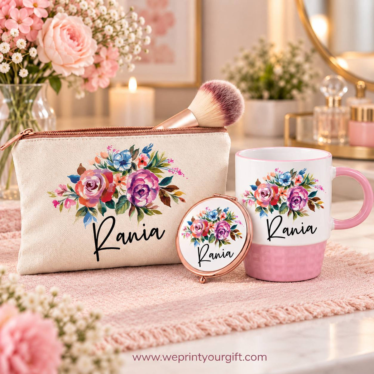 Floral Name Gift Set – Pouch, Compact Mirror & Pink Mug | Personalized